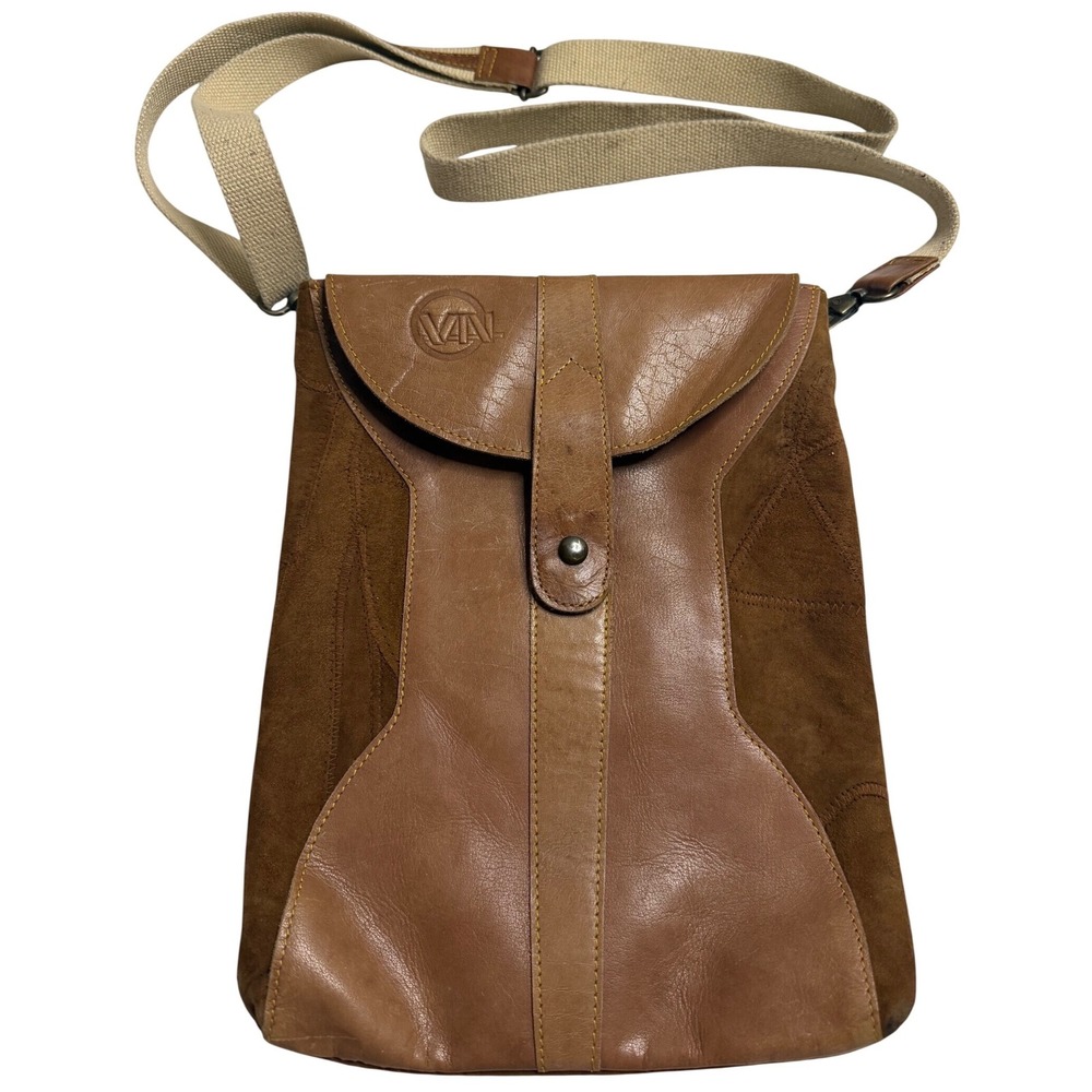 Vaan & Co Brown Leather Suede Patchwork Crossbody Bag Messenger Striped Lining